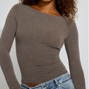 NWT Garage Sexy Cozy Boat Neck Long Sleeve Top In Wild Mushroom Melange